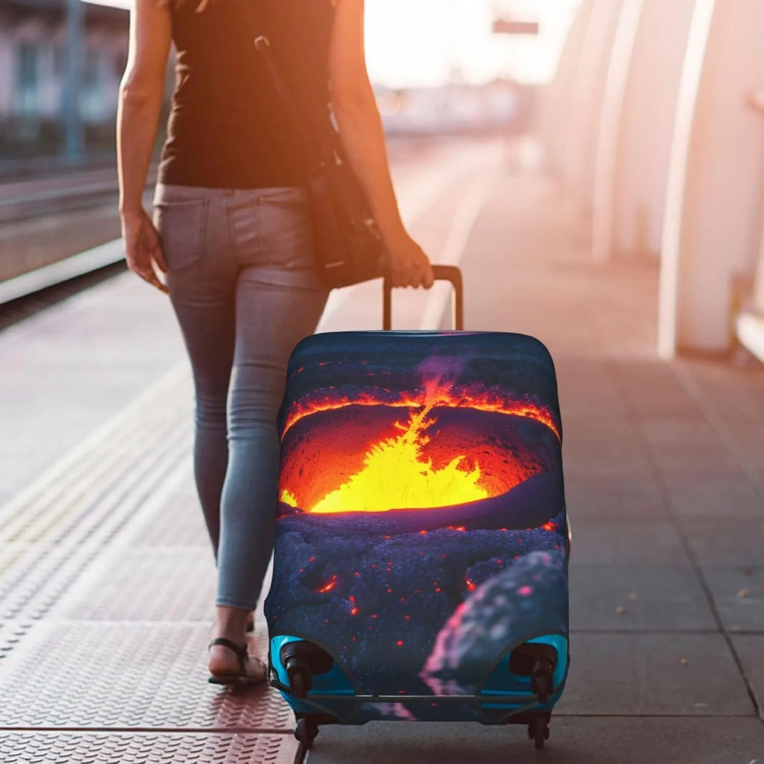Kilauea Volcano Print Practical Elastic Washable Travel Luggage Cover with Concealed Zipper for Suitcases