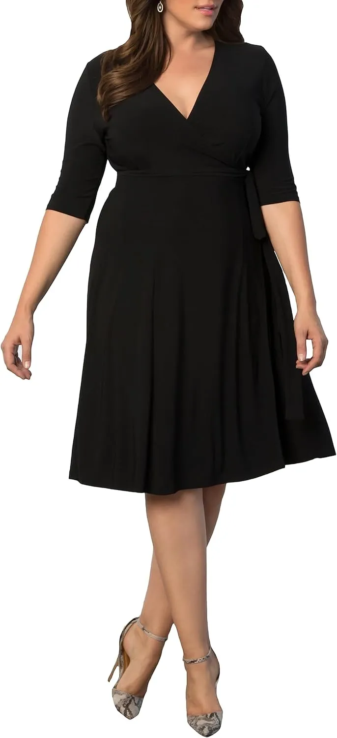 Kiyonna Plus Size Essential Midi Wrap Dress with Sleeves | Cocktail, Party, Wedding Guest or Work