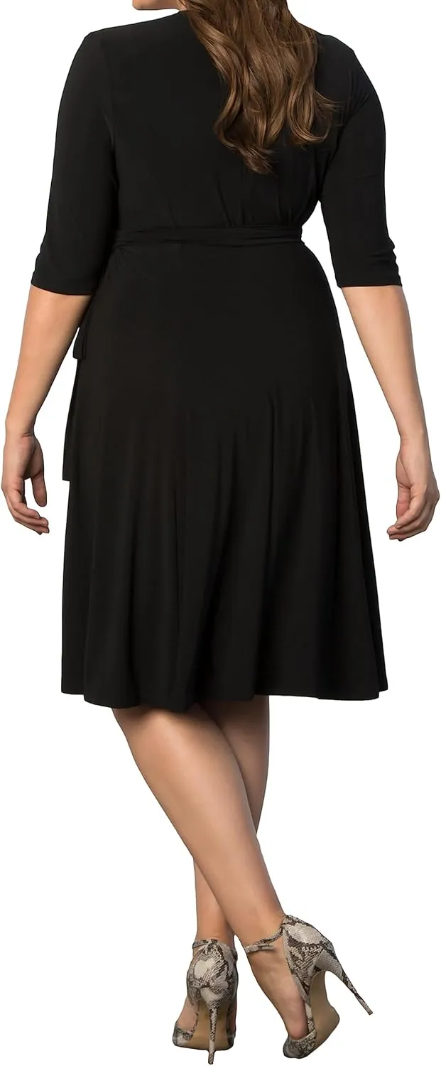 Kiyonna Plus Size Essential Midi Wrap Dress with Sleeves | Cocktail, Party, Wedding Guest or Work