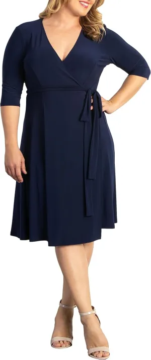 Kiyonna Plus Size Essential Midi Wrap Dress with Sleeves | Cocktail, Party, Wedding Guest or Work