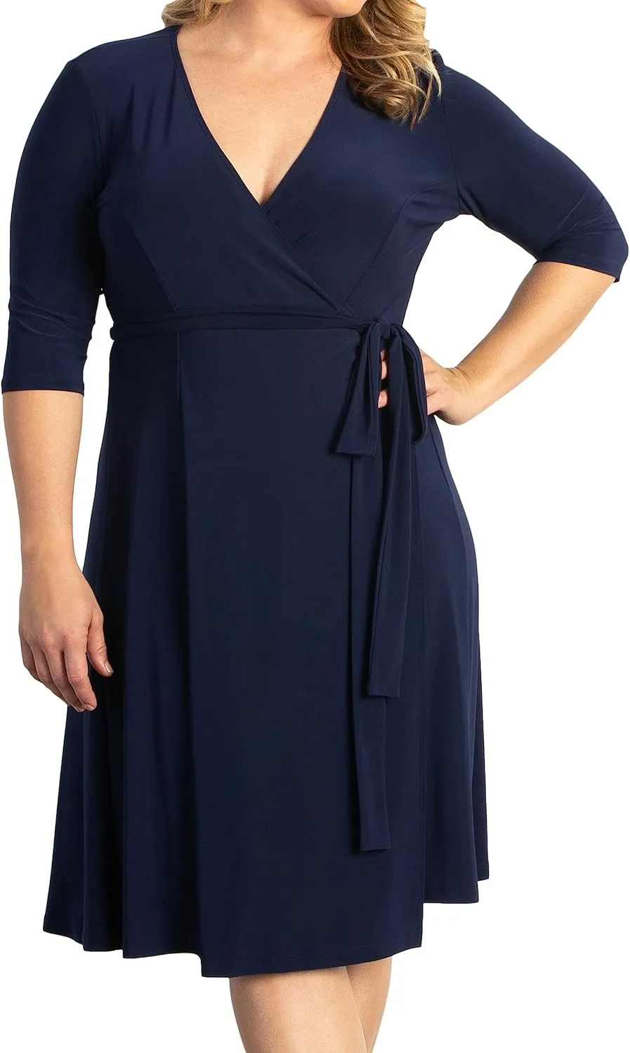 Kiyonna Plus Size Essential Midi Wrap Dress with Sleeves | Cocktail, Party, Wedding Guest or Work