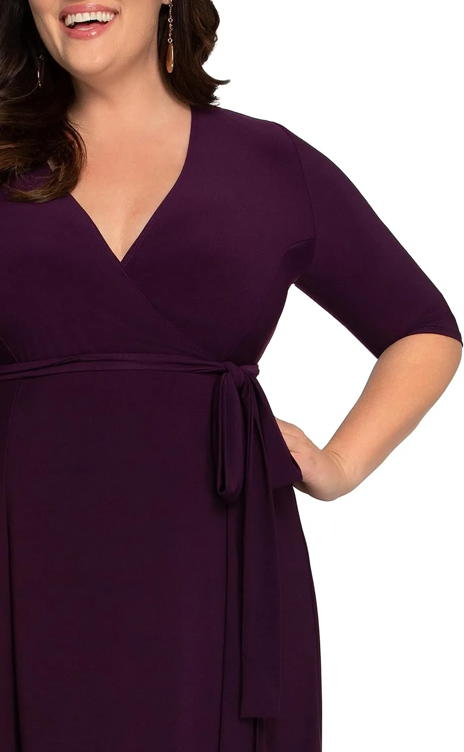 Kiyonna Plus Size Essential Midi Wrap Dress with Sleeves | Cocktail, Party, Wedding Guest or Work