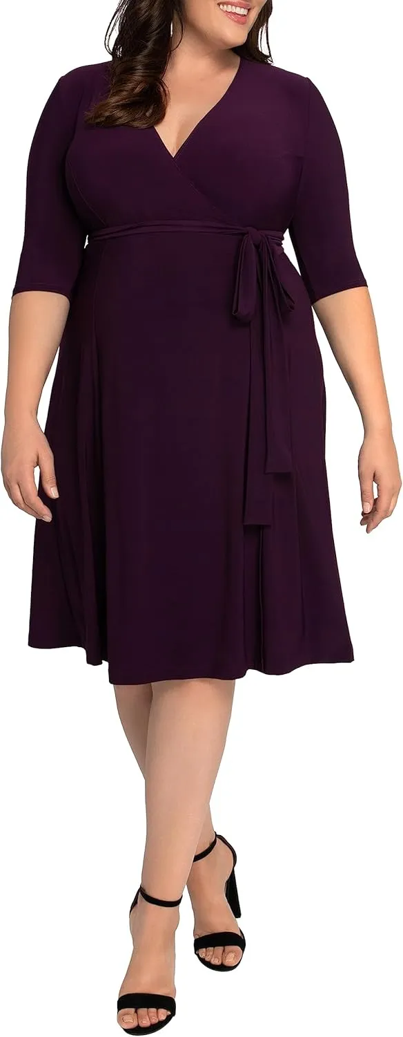 Kiyonna Plus Size Essential Midi Wrap Dress with Sleeves | Cocktail, Party, Wedding Guest or Work