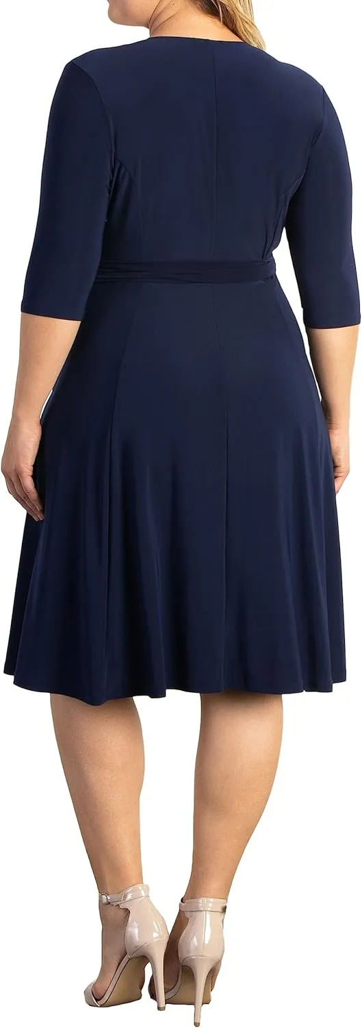 Kiyonna Plus Size Essential Midi Wrap Dress with Sleeves | Cocktail, Party, Wedding Guest or Work