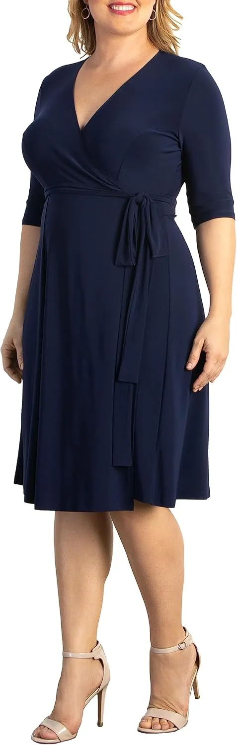 Kiyonna Plus Size Essential Midi Wrap Dress with Sleeves | Cocktail, Party, Wedding Guest or Work