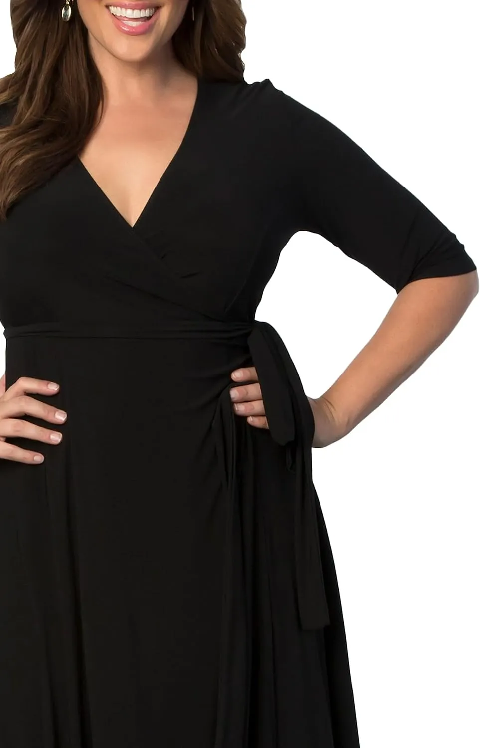 Kiyonna Plus Size Essential Midi Wrap Dress with Sleeves | Cocktail, Party, Wedding Guest or Work