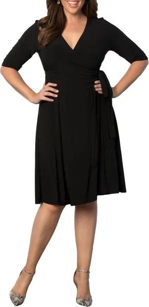 Kiyonna Plus Size Essential Midi Wrap Dress with Sleeves | Cocktail, Party, Wedding Guest or Work