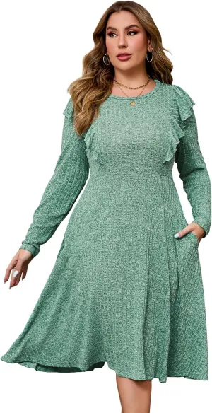 KOJOOIN Plus Size Ruffle Knit Sweater Dress Women Lightweight Crew Neck Casual Dress Long Sleeve Winter Midi Dress