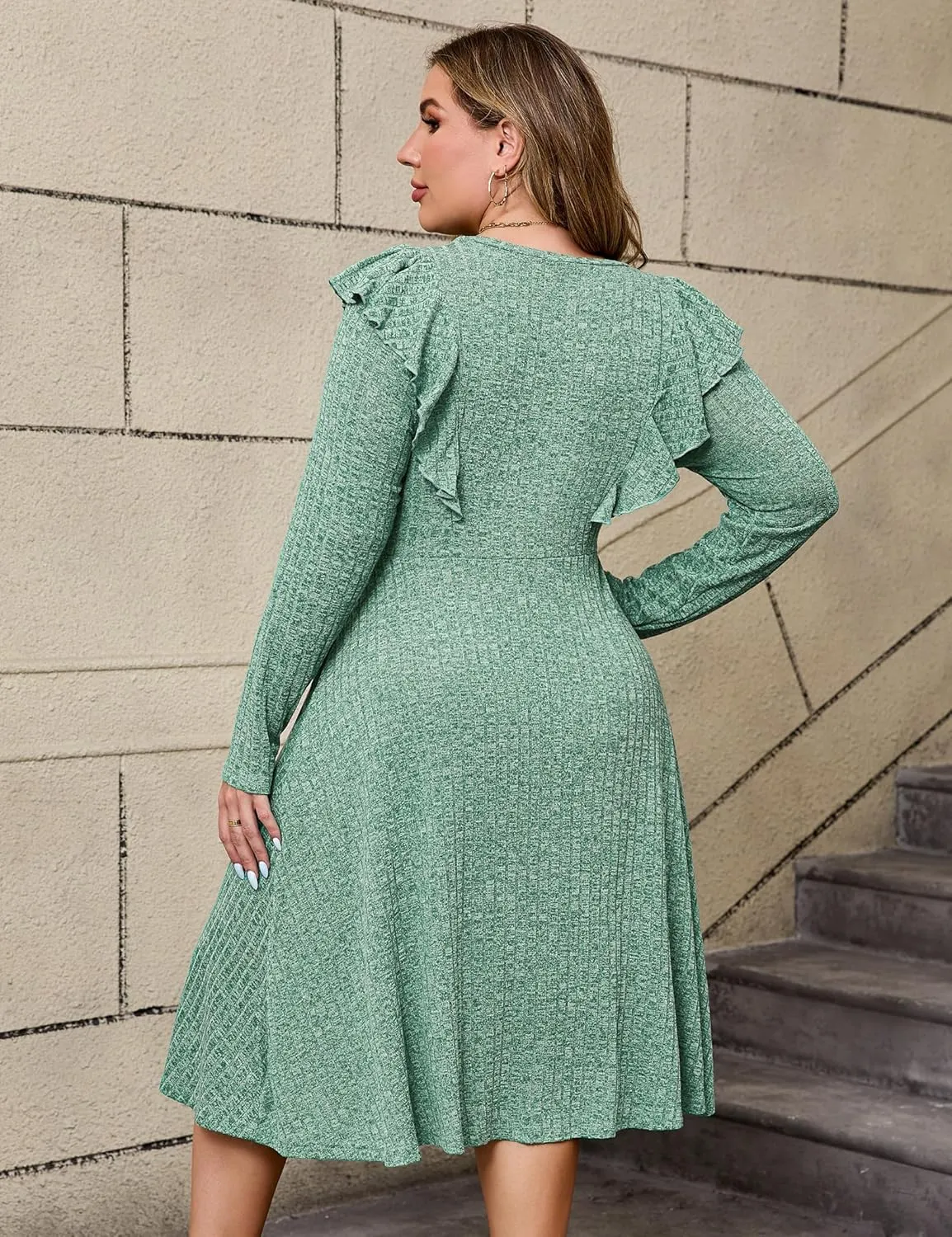 KOJOOIN Plus Size Ruffle Knit Sweater Dress Women Lightweight Crew Neck Casual Dress Long Sleeve Winter Midi Dress