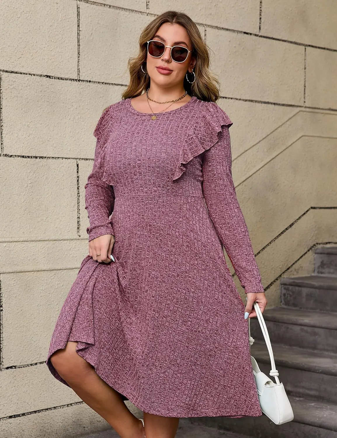 KOJOOIN Plus Size Ruffle Knit Sweater Dress Women Lightweight Crew Neck Casual Dress Long Sleeve Winter Midi Dress
