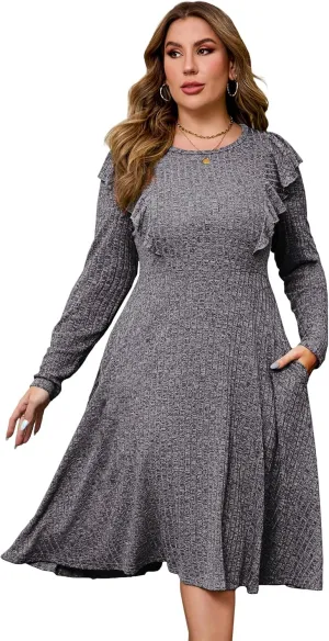 KOJOOIN Plus Size Ruffle Knit Sweater Dress Women Lightweight Crew Neck Casual Dress Long Sleeve Winter Midi Dress