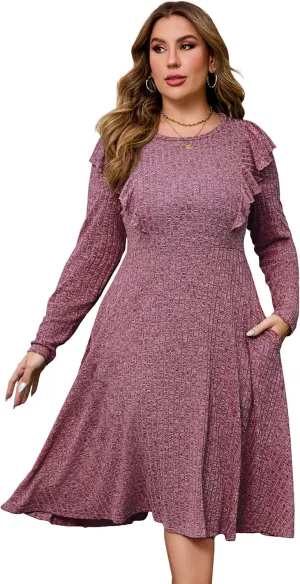 KOJOOIN Plus Size Ruffle Knit Sweater Dress Women Lightweight Crew Neck Casual Dress Long Sleeve Winter Midi Dress