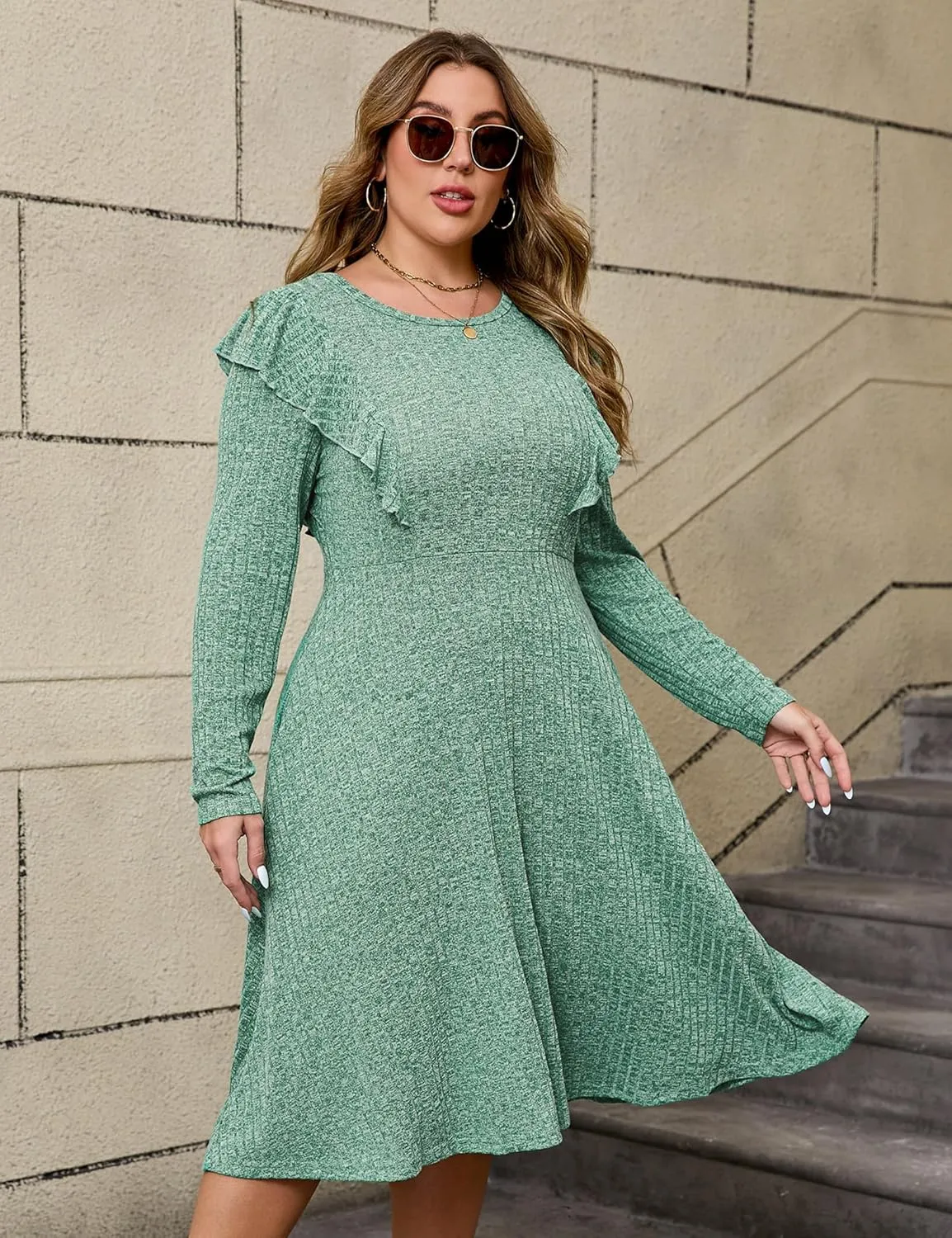 KOJOOIN Plus Size Ruffle Knit Sweater Dress Women Lightweight Crew Neck Casual Dress Long Sleeve Winter Midi Dress