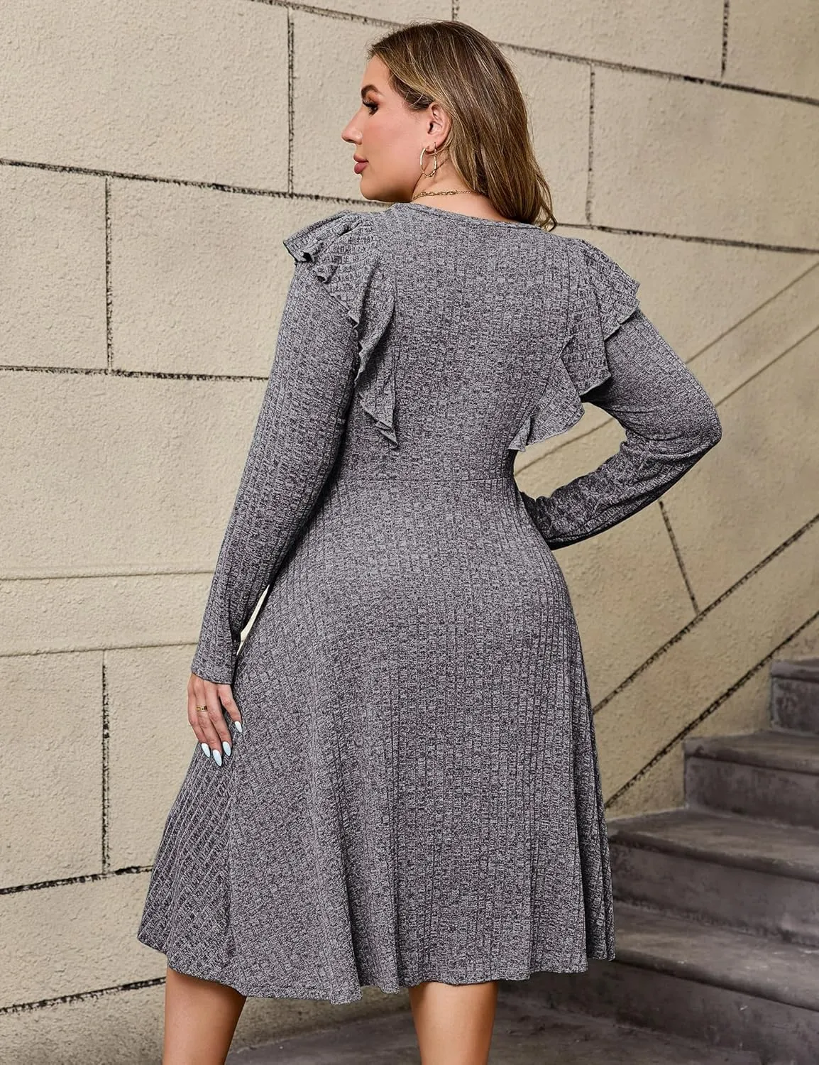KOJOOIN Plus Size Ruffle Knit Sweater Dress Women Lightweight Crew Neck Casual Dress Long Sleeve Winter Midi Dress