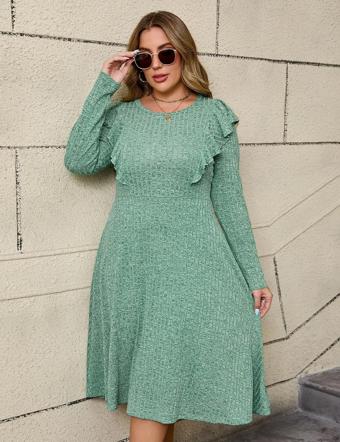 KOJOOIN Plus Size Ruffle Knit Sweater Dress Women Lightweight Crew Neck Casual Dress Long Sleeve Winter Midi Dress