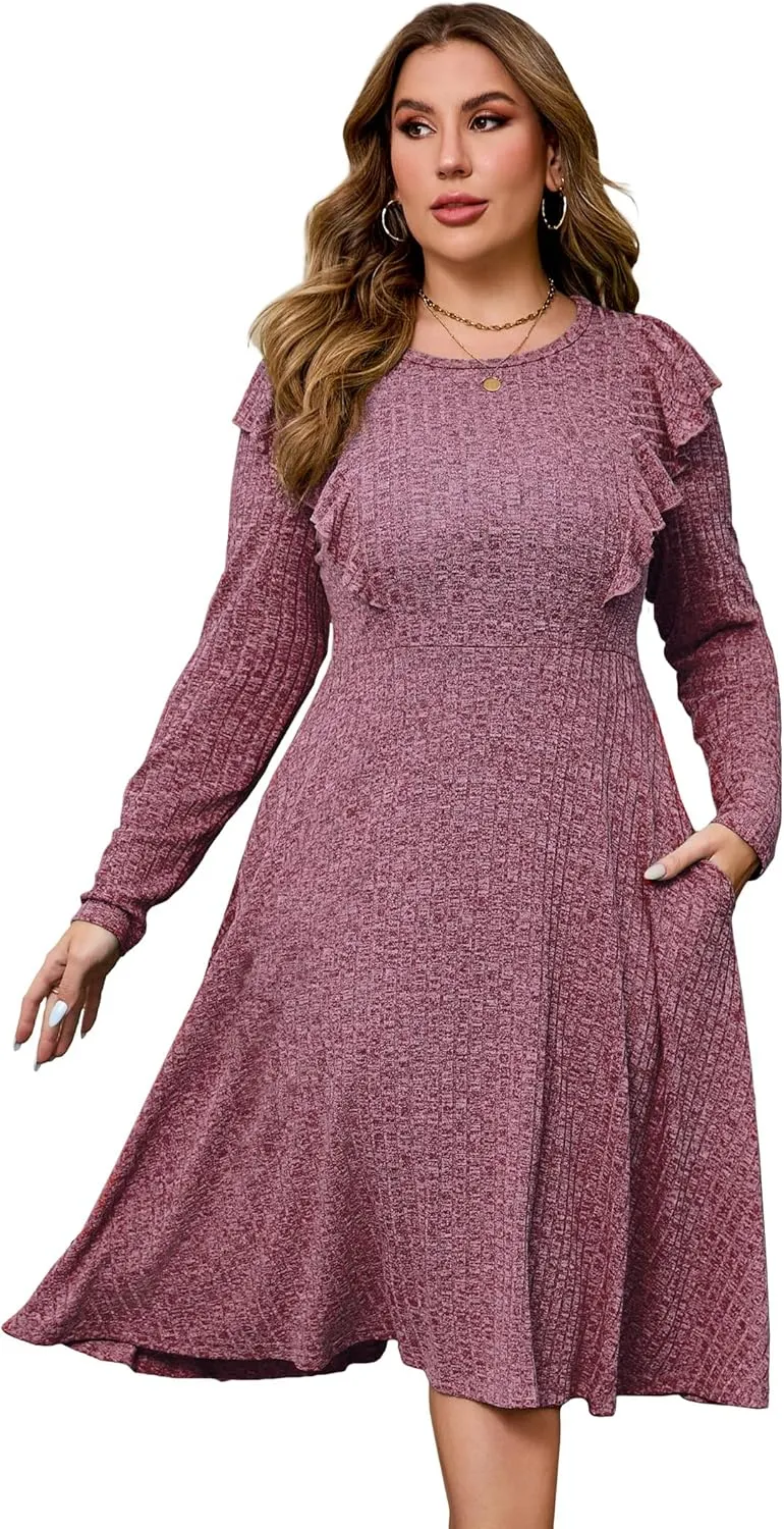 KOJOOIN Plus Size Ruffle Knit Sweater Dress Women Lightweight Crew Neck Casual Dress Long Sleeve Winter Midi Dress