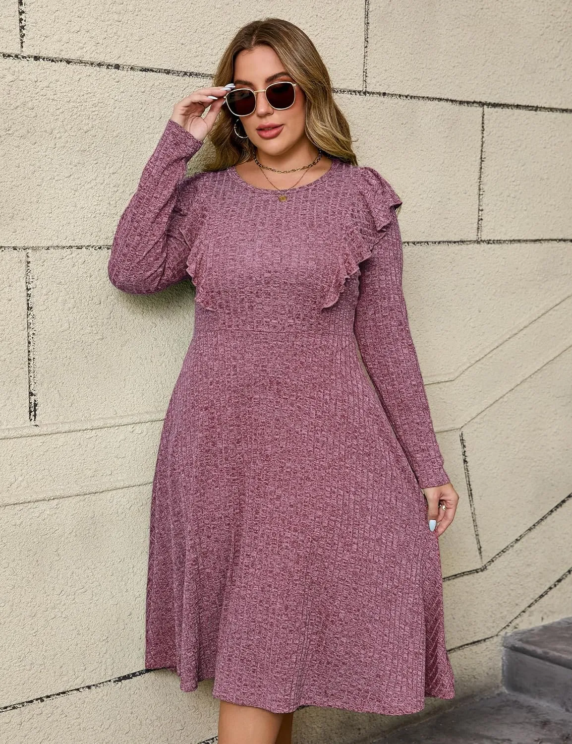 KOJOOIN Plus Size Ruffle Knit Sweater Dress Women Lightweight Crew Neck Casual Dress Long Sleeve Winter Midi Dress