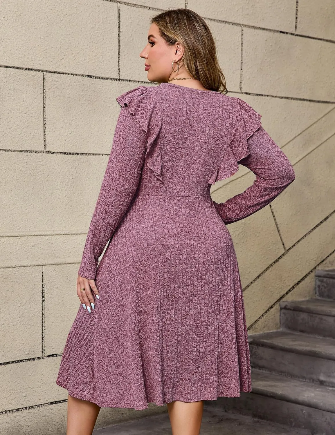 KOJOOIN Plus Size Ruffle Knit Sweater Dress Women Lightweight Crew Neck Casual Dress Long Sleeve Winter Midi Dress