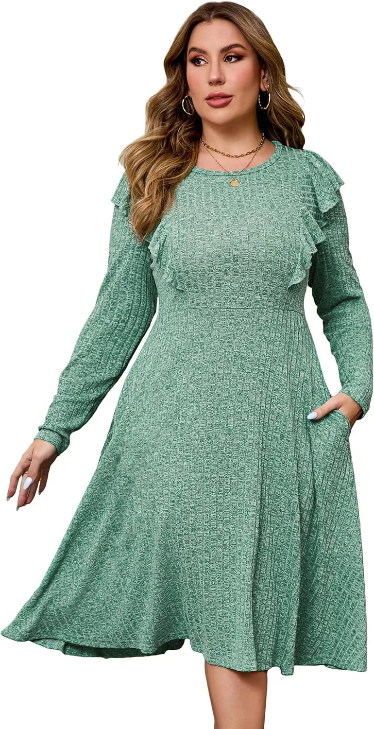 KOJOOIN Plus Size Ruffle Knit Sweater Dress Women Lightweight Crew Neck Casual Dress Long Sleeve Winter Midi Dress