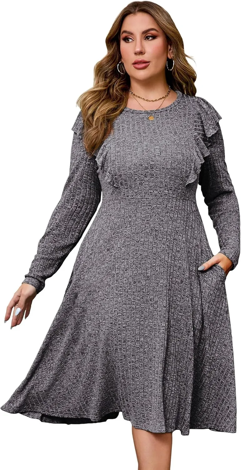 KOJOOIN Plus Size Ruffle Knit Sweater Dress Women Lightweight Crew Neck Casual Dress Long Sleeve Winter Midi Dress