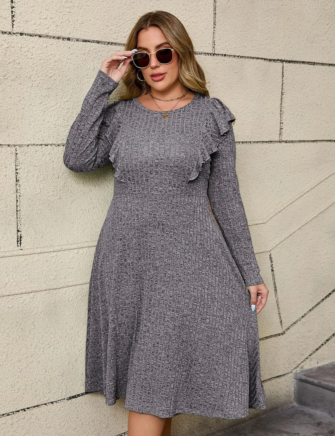 KOJOOIN Plus Size Ruffle Knit Sweater Dress Women Lightweight Crew Neck Casual Dress Long Sleeve Winter Midi Dress
