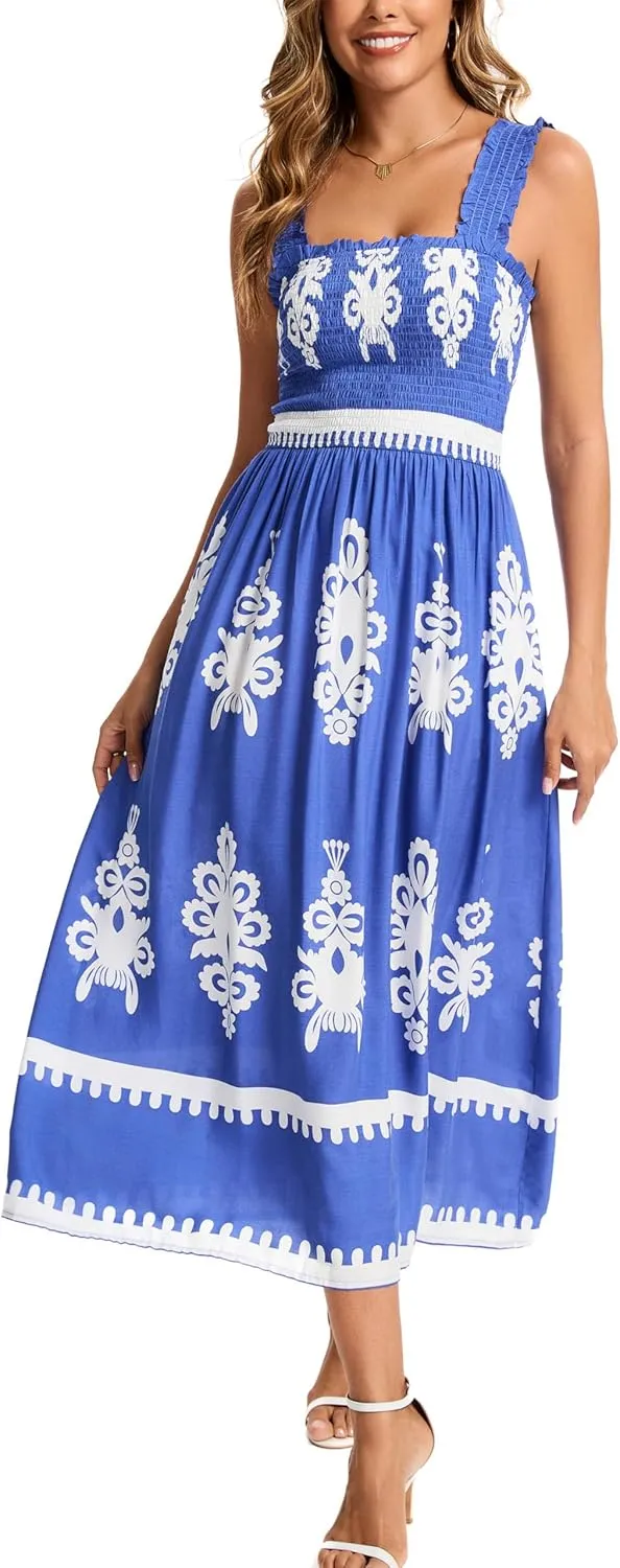 Kormei Women's Casual Smocked Tank Dress Sleeveless High Low Flowy Summer Beach Tiered Loose Maxi Long Dresses