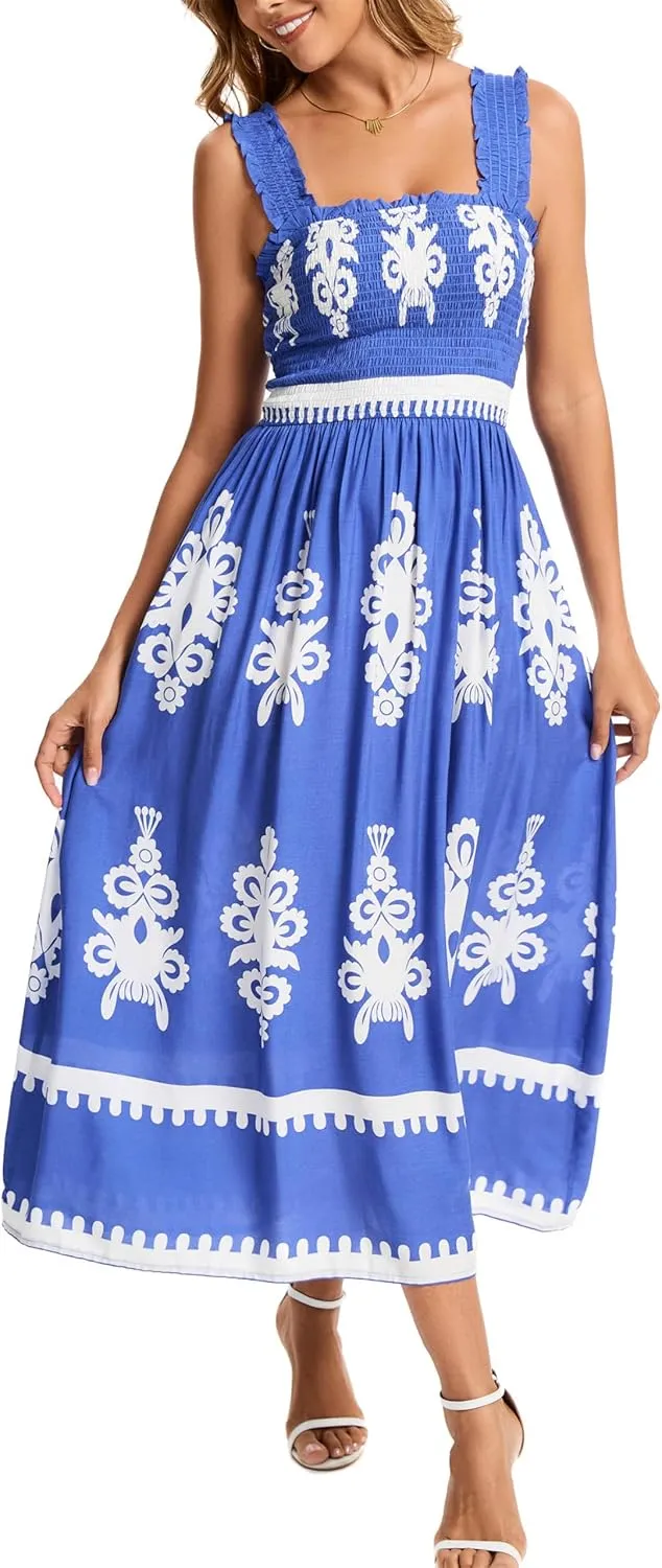 Kormei Women's Casual Smocked Tank Dress Sleeveless High Low Flowy Summer Beach Tiered Loose Maxi Long Dresses