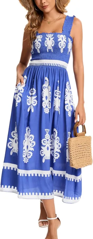 Kormei Women's Casual Smocked Tank Dress Sleeveless High Low Flowy Summer Beach Tiered Loose Maxi Long Dresses