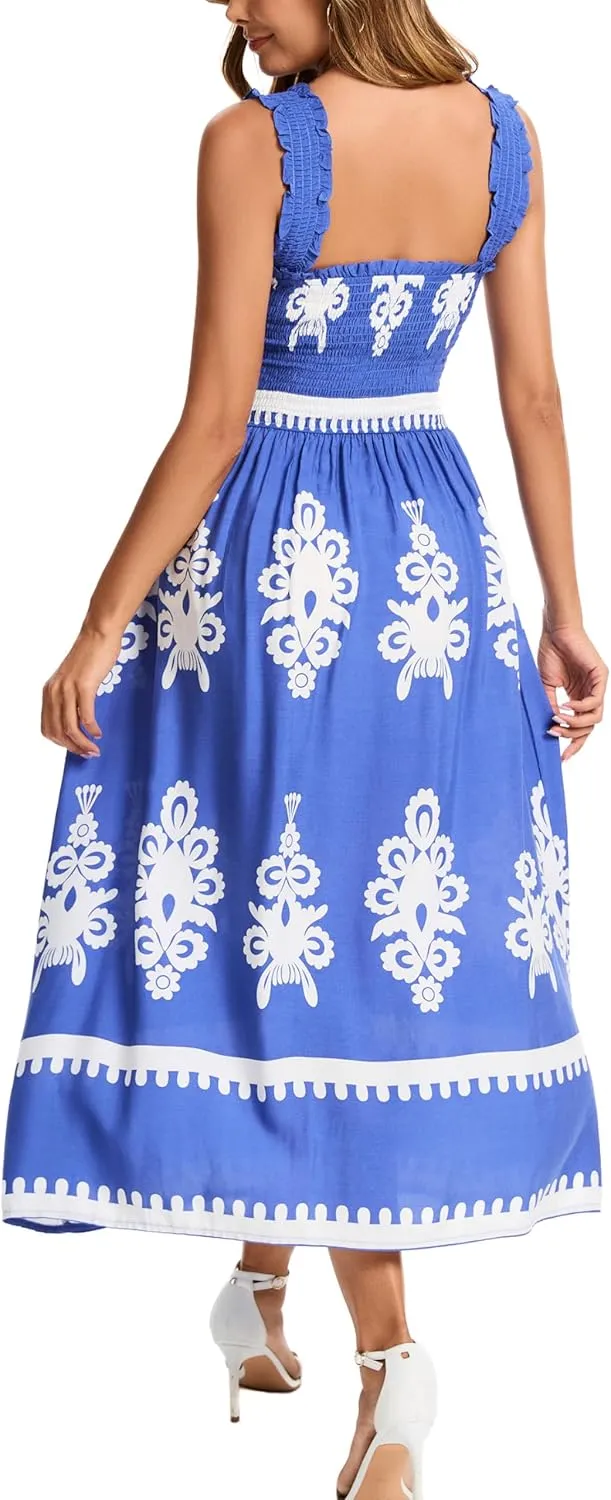 Kormei Women's Casual Smocked Tank Dress Sleeveless High Low Flowy Summer Beach Tiered Loose Maxi Long Dresses