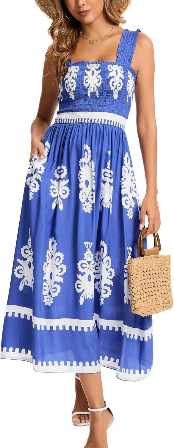 Kormei Women's Casual Smocked Tank Dress Sleeveless High Low Flowy Summer Beach Tiered Loose Maxi Long Dresses