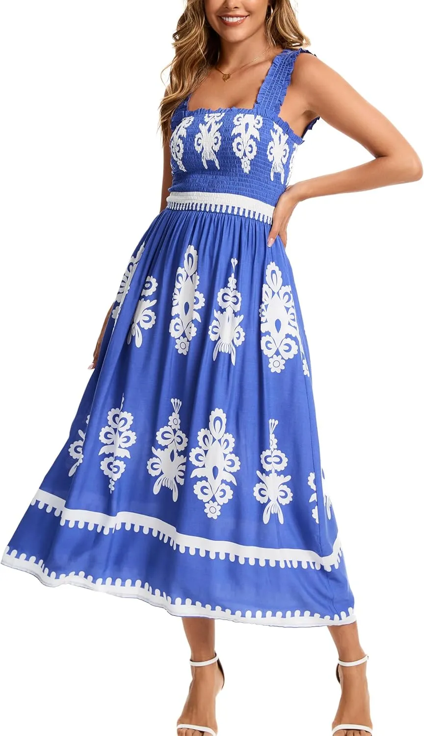 Kormei Women's Casual Smocked Tank Dress Sleeveless High Low Flowy Summer Beach Tiered Loose Maxi Long Dresses