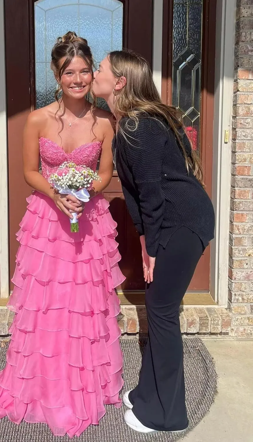 Lace Strapless Tiered Prom Dresses 2025 for Women Long Corset Ruffle Chiffon Formal Evening Gowns