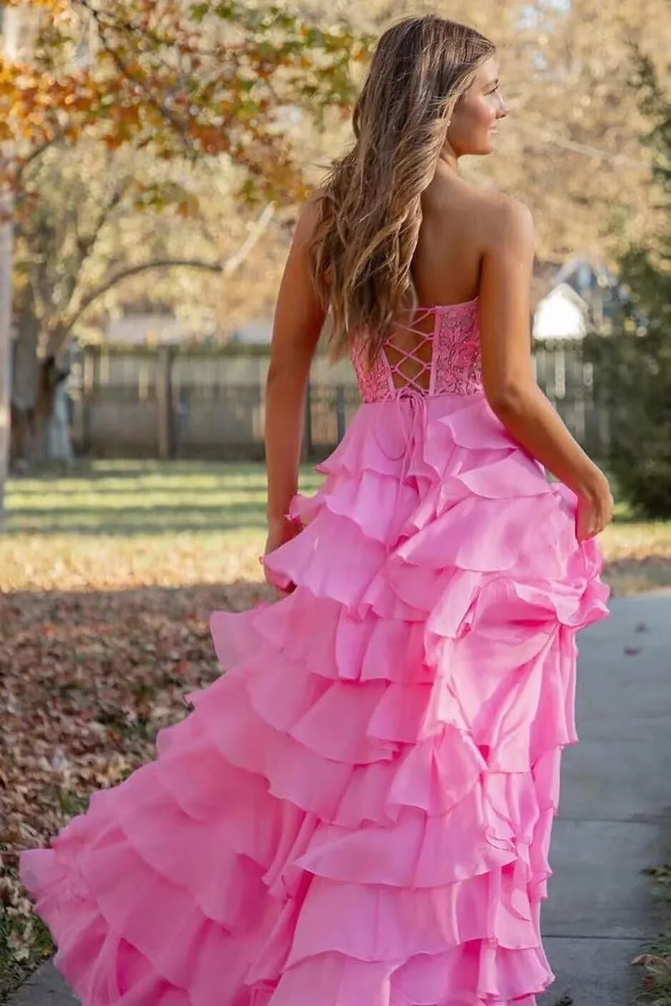 Lace Strapless Tiered Prom Dresses 2025 for Women Long Corset Ruffle Chiffon Formal Evening Gowns