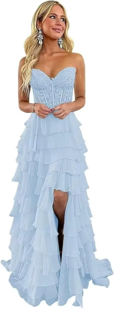 Lace Strapless Tiered Prom Dresses 2025 for Women Long Corset Ruffle Chiffon Formal Evening Gowns