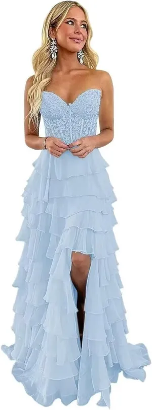 Lace Strapless Tiered Prom Dresses 2025 for Women Long Corset Ruffle Chiffon Formal Evening Gowns