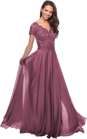 Laces Mother of Bride Dress for Women Short Sleeve V-Neck Chiffon Formal Evening Party Dress Long ZS20