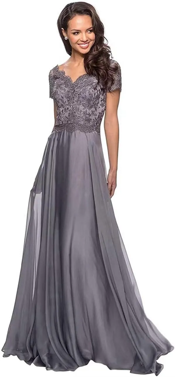 Laces Mother of Bride Dress for Women Short Sleeve V-Neck Chiffon Formal Evening Party Dress Long ZS20