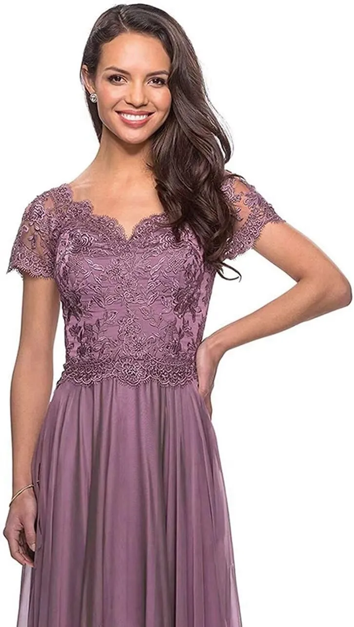 Laces Mother of Bride Dress for Women Short Sleeve V-Neck Chiffon Formal Evening Party Dress Long ZS20