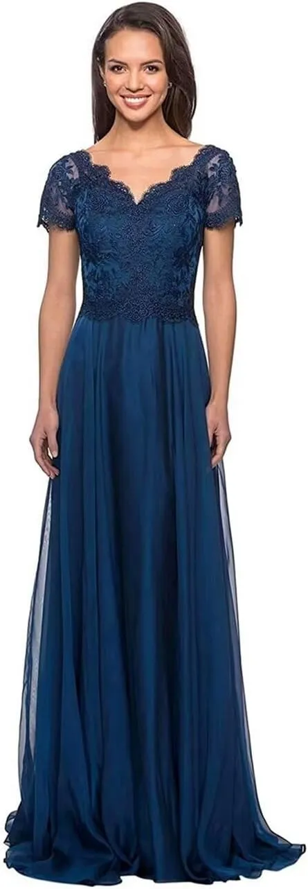 Laces Mother of Bride Dress for Women Short Sleeve V-Neck Chiffon Formal Evening Party Dress Long ZS20