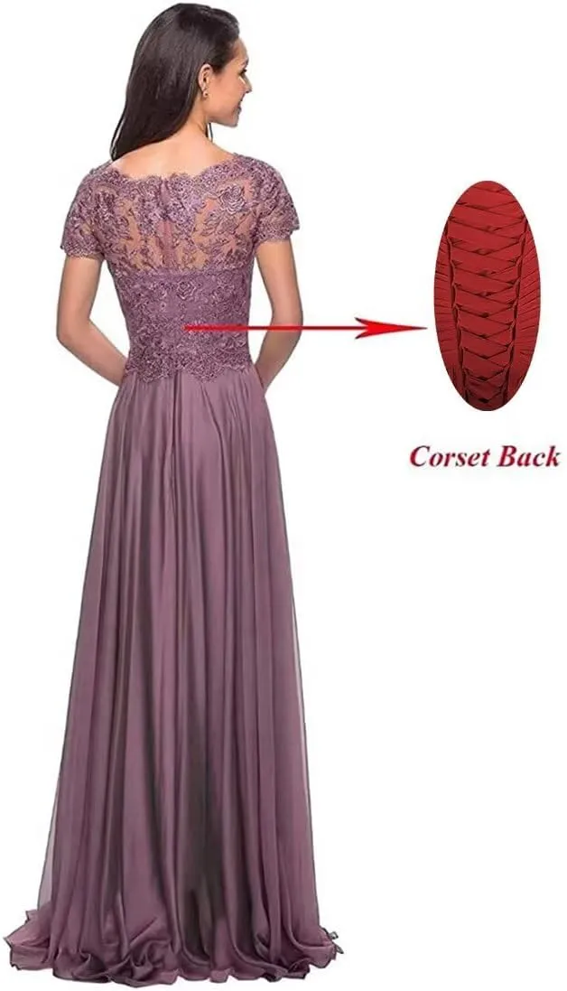 Laces Mother of Bride Dress for Women Short Sleeve V-Neck Chiffon Formal Evening Party Dress Long ZS20