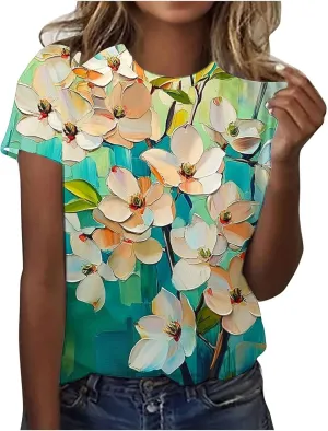 Ladies' Floral Printed Crewneck T-Shirt - 2025 Summer Boho Top with Short Sleeves & Casual Style