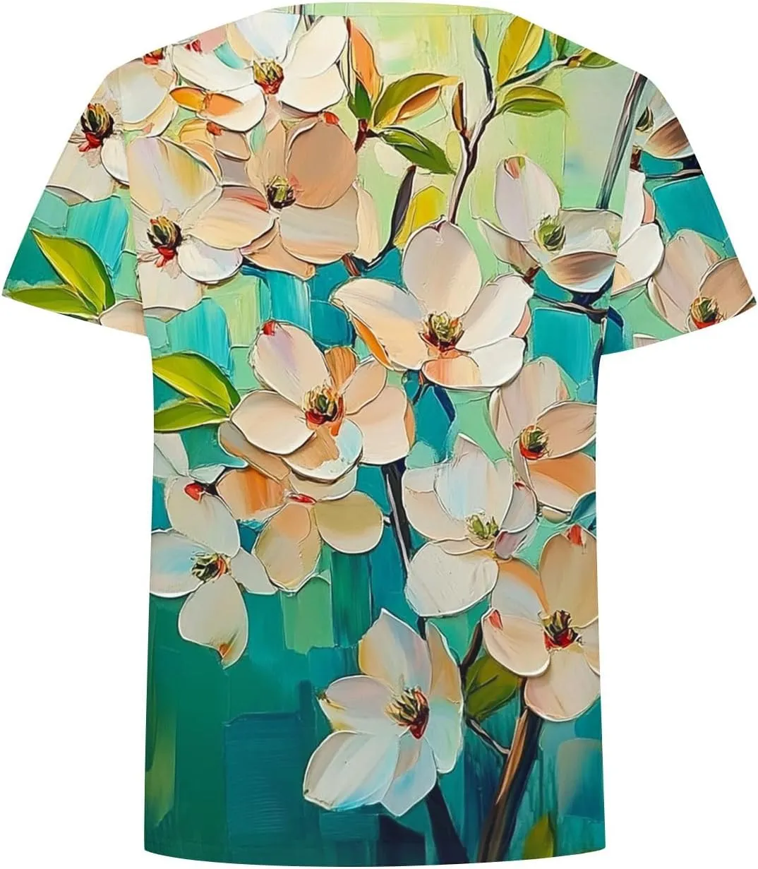 Ladies' Floral Printed Crewneck T-Shirt - 2025 Summer Boho Top with Short Sleeves & Casual Style