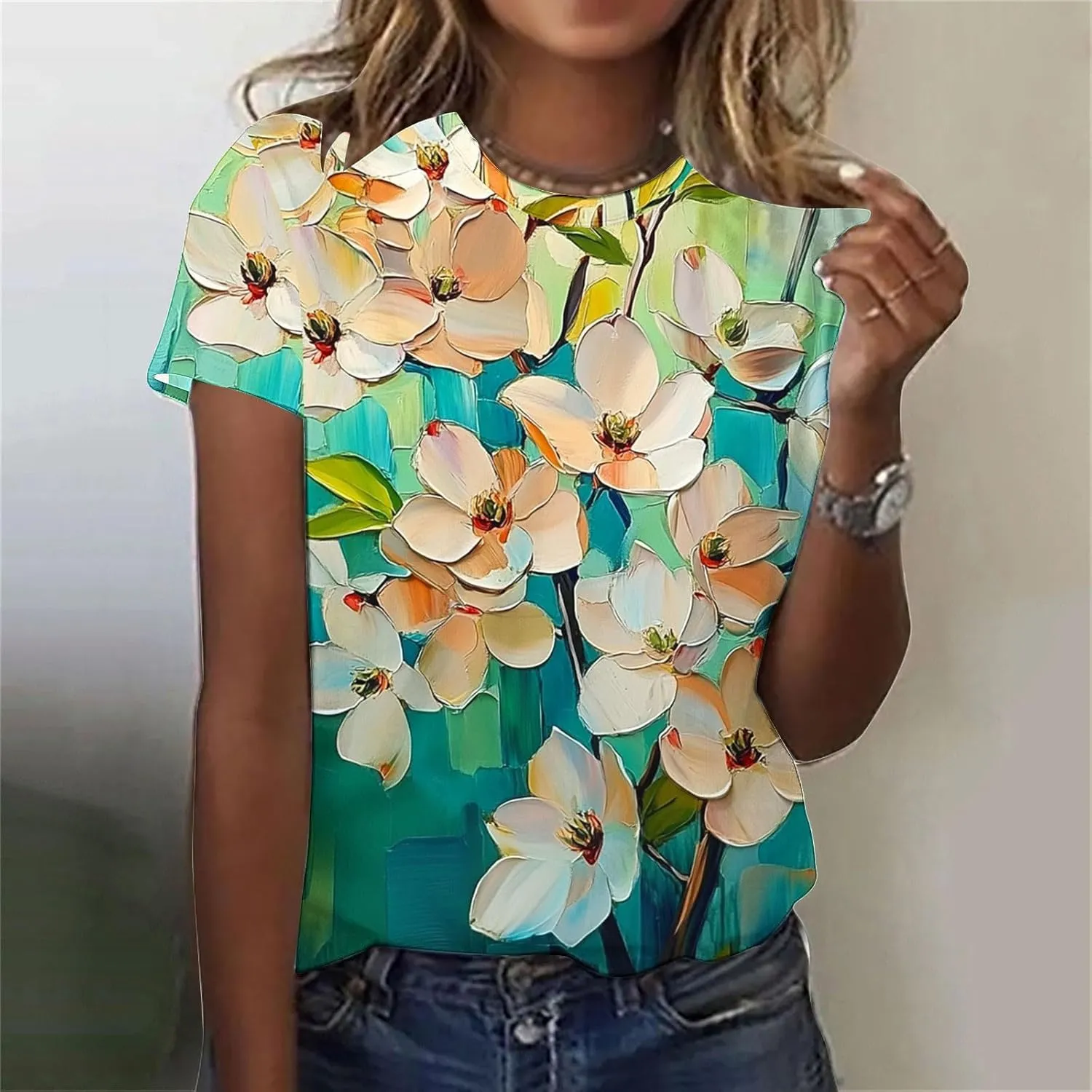 Ladies' Floral Printed Crewneck T-Shirt - 2025 Summer Boho Top with Short Sleeves & Casual Style