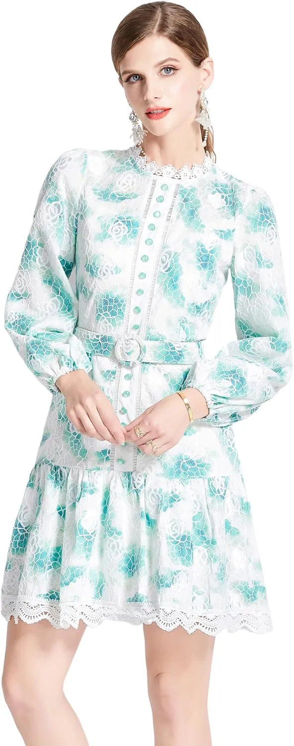 LAI MENG FIVE CATS Women's Puff Sleeve Floral Print Ruffle Casual Lace Trim Swing Mini Dress