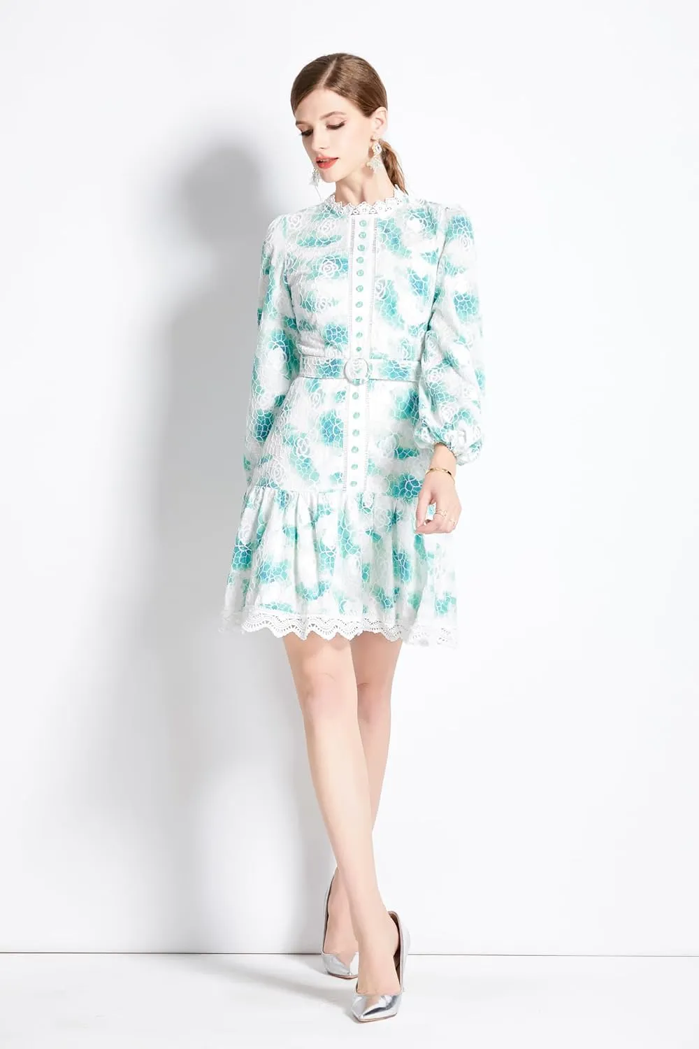 LAI MENG FIVE CATS Women's Puff Sleeve Floral Print Ruffle Casual Lace Trim Swing Mini Dress