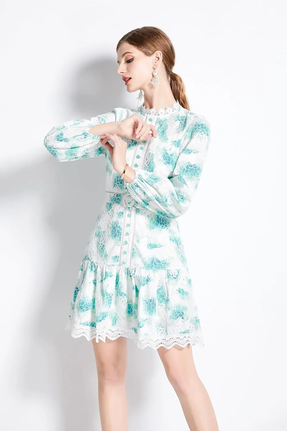 LAI MENG FIVE CATS Women's Puff Sleeve Floral Print Ruffle Casual Lace Trim Swing Mini Dress