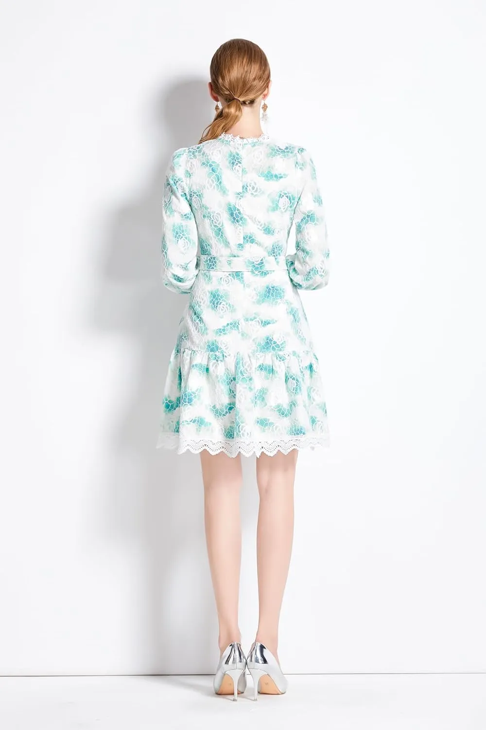 LAI MENG FIVE CATS Women's Puff Sleeve Floral Print Ruffle Casual Lace Trim Swing Mini Dress