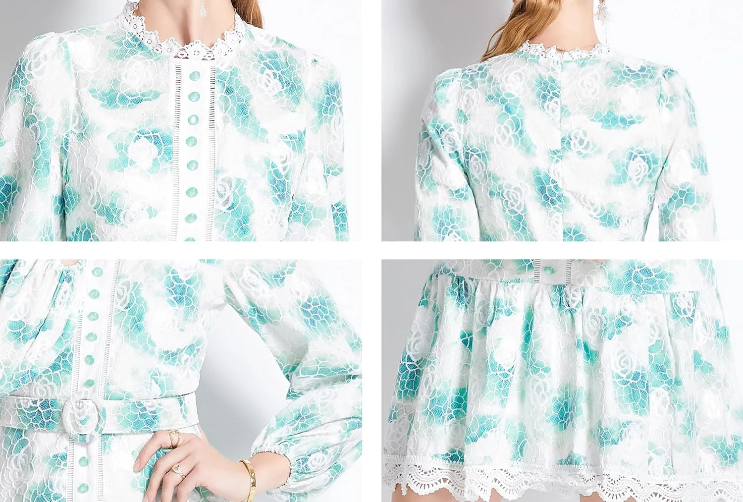 LAI MENG FIVE CATS Women's Puff Sleeve Floral Print Ruffle Casual Lace Trim Swing Mini Dress