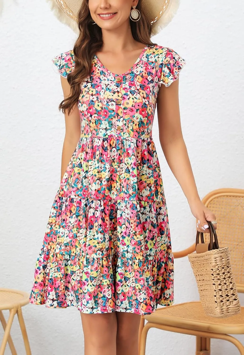Lamilus Summer Dresses for Women 2023 Casual V Neck Button Down Ruffle Sleeve Short Tiered Baby Doll Beach Swing Sundresses