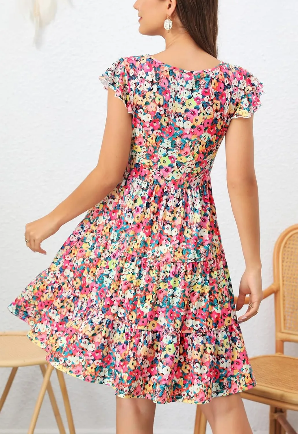 Lamilus Summer Dresses for Women 2023 Casual V Neck Button Down Ruffle Sleeve Short Tiered Baby Doll Beach Swing Sundresses